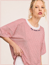 Load image into Gallery viewer, Women's Short Sleeve oversized Tee - Red &amp; White w/ “day school mom” monogram
